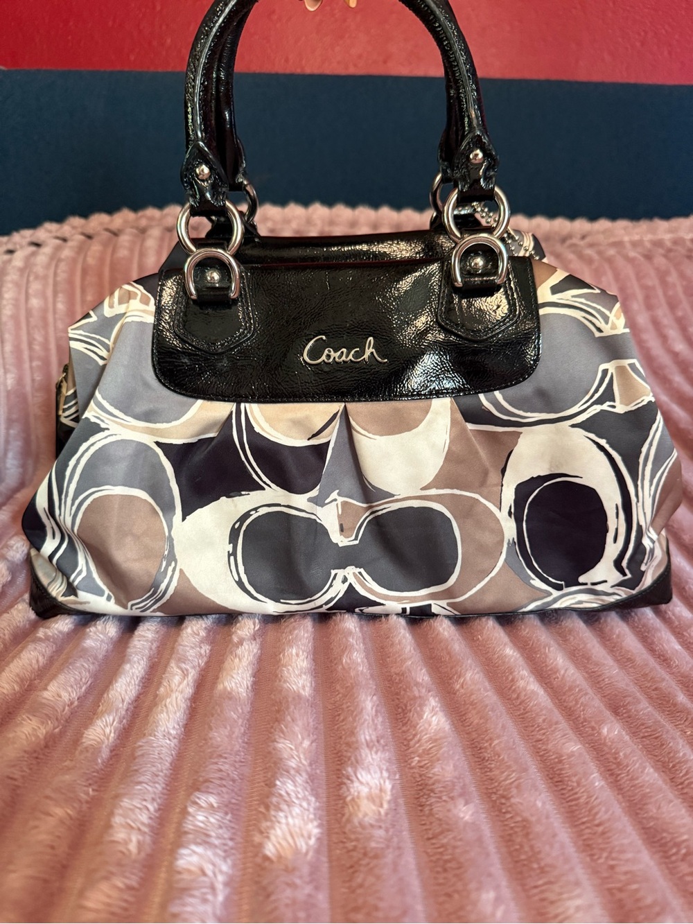 Coach Black and Gray Patterned Satchel with Patent Trim